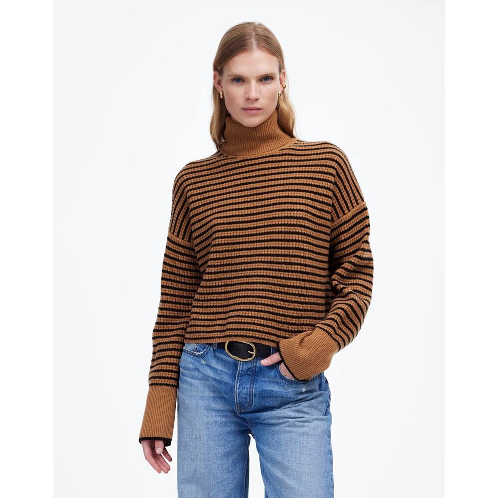 Madewell Women's Wool Waffle-Knit Turtleneck in Heather Caramel Stripe XXS NWT
